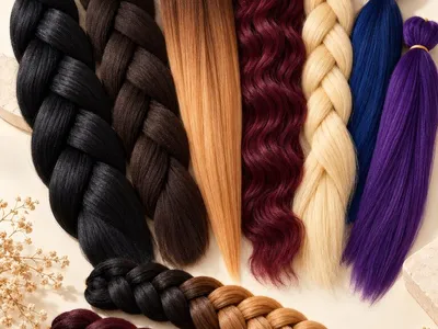 Muestrario de fibras kanekalon en distintos colores, texturas y acabados para trenzas